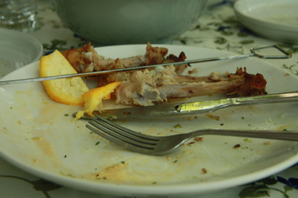 Chicken bones on an empty plate
