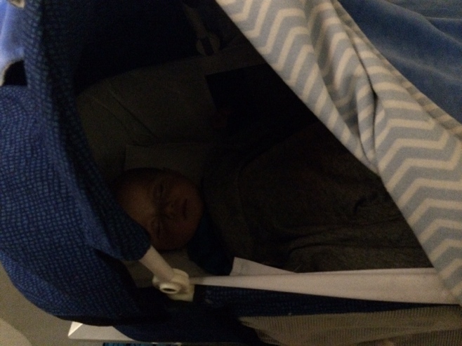 Baby sleeping in bassinet on plane