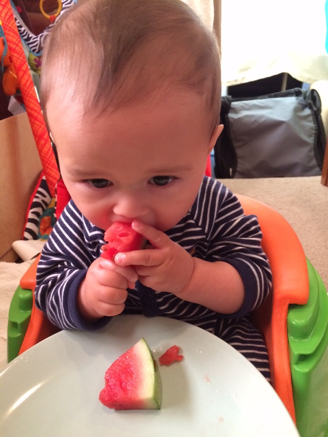 Baby eating watermelon