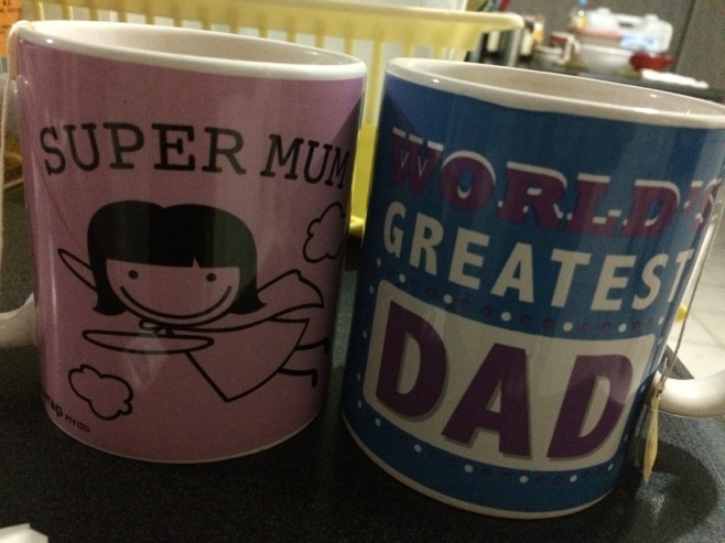 Super mum and greatest dad mugs