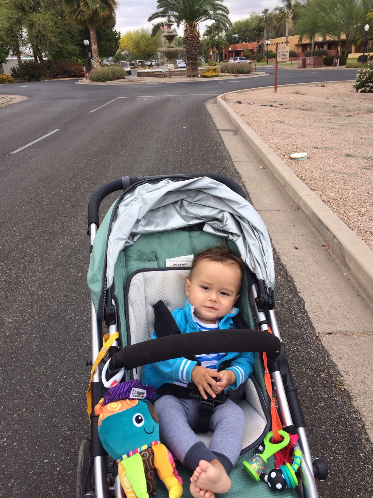 Baby boy o in stroller at Mesa resort